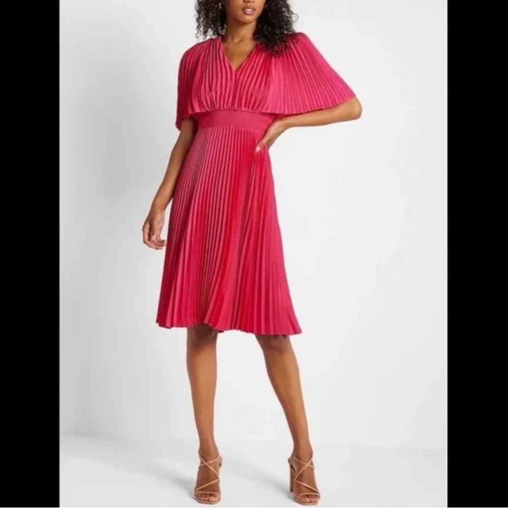Express Pink Pleated Batwing Midi Dress for Wedding Guest